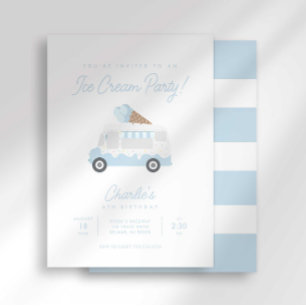 Invitation Camion de glace préppy rayé pour fête d'anniversai