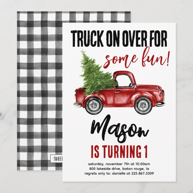 Invitation Camion de Noël Hiver Premier anniversaire Invitati (Devant / Derrière)