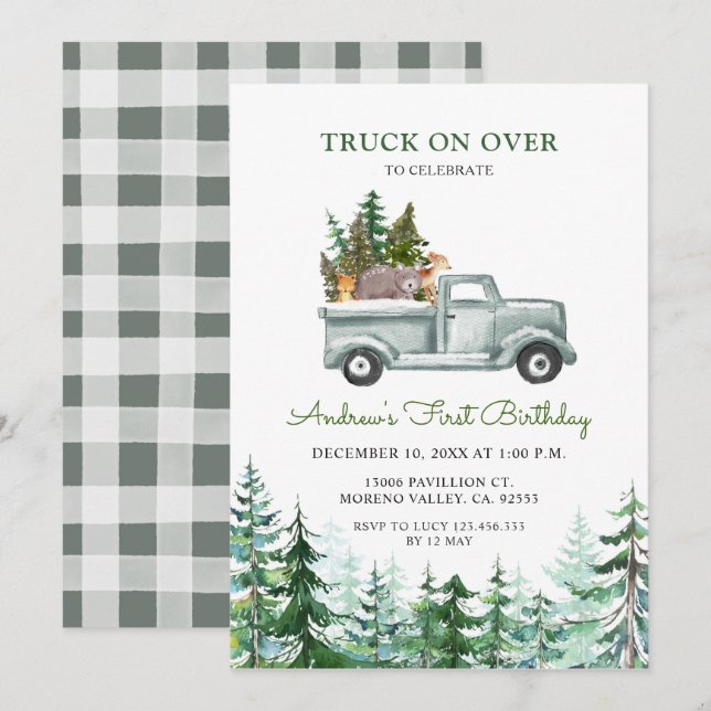 Invitation Camion de Noël sur le point pour une fête d'annive (Devant / Derrière)