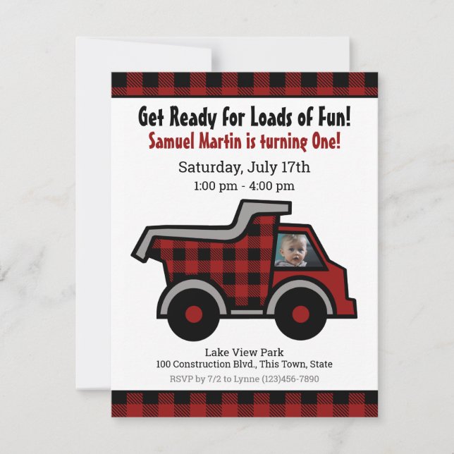 Invitation Camion de pompage Buffalo Plaid Construction (Devant)