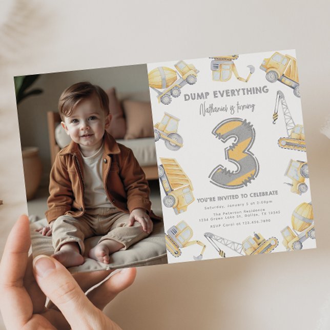 Invitation Camion de vidange de construction 3e fête d'annive (Créateur téléchargé)