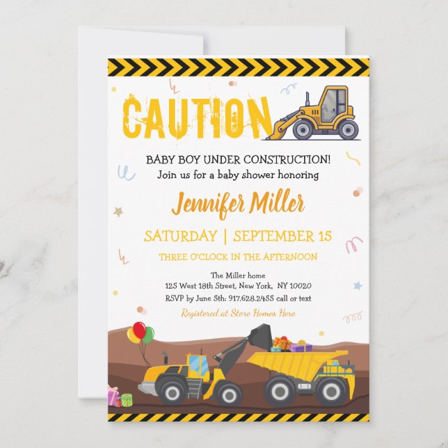 Invitation Camion Digger en construction Bébé Anniversaire (Devant)