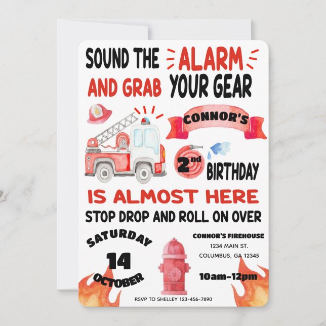 Invitation Camion d'incendie - Pompier - Sonner l'alarme Anni (Devant)