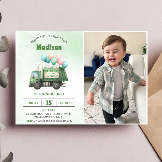 Invitation Camion d'ordures 1ère fête d'anniversaire Photo
