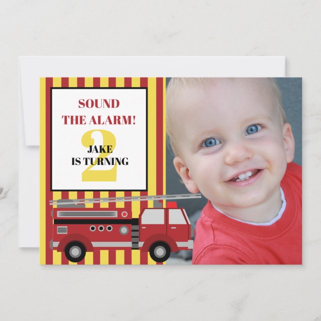 Invitation Camion jaune rouge photo de l'enfant 2e anniversai (Devant)