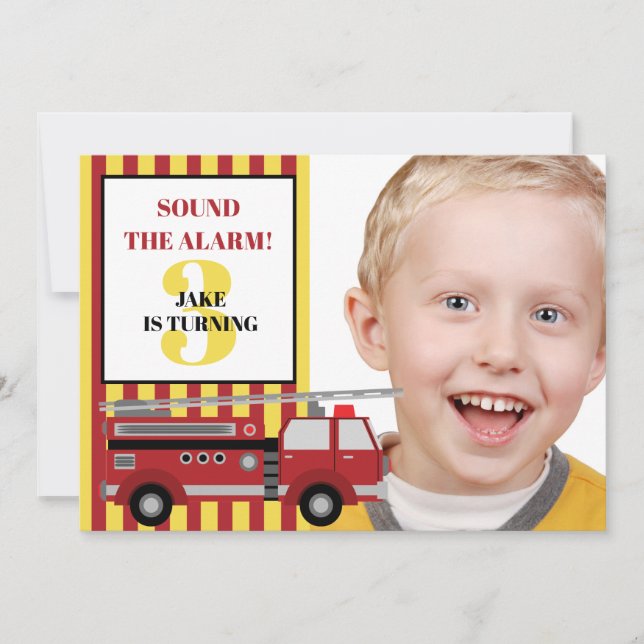 Invitation Camion jaune rouge photo de l'enfant 3e anniversai (Devant)