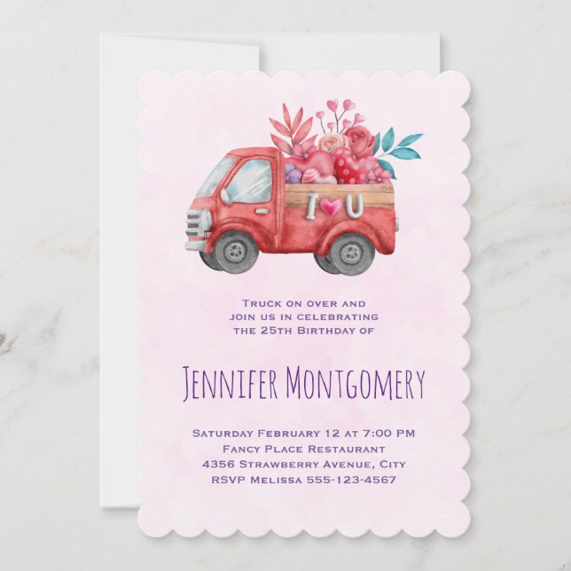 Invitation Camion mignonne d'amour transportant des coeurs et (Devant)