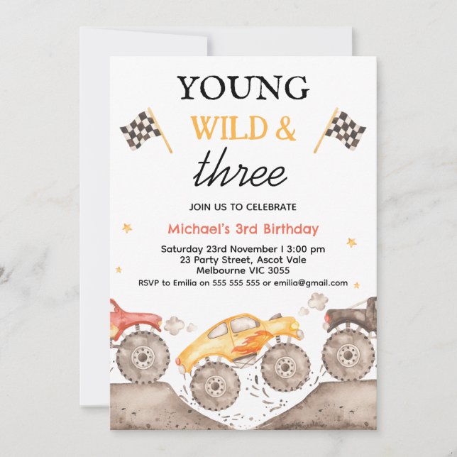 Invitation Camion Monstre Jaune Jeune Wild Trois Anniversaire (Devant)