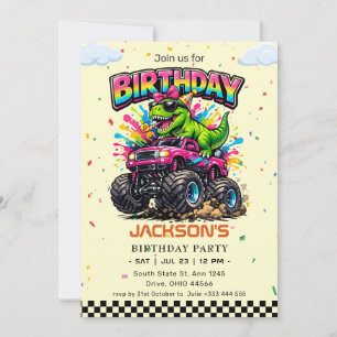 Invitation Camion Monstre Rose & T-Rex Anniversaire Arc-en-Ci