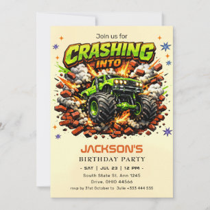 Invitation Camion Monstre Vert "Faisant irruption" Anniversai