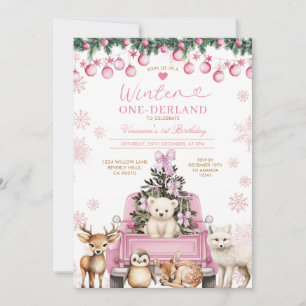 Invitation Camion Rose Hiver Premier Anniversaire Animaux
