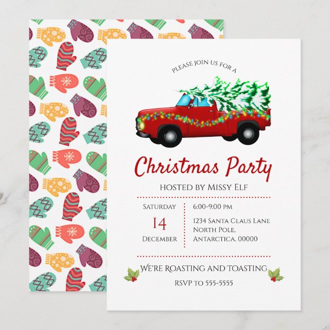 Invitation Camion Rouge, Arbre Et Lumière Noël (Devant / Derrière)