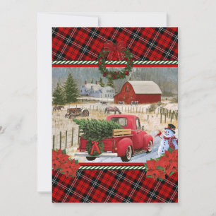 Invitation camion rouge de noël sur la peinture de ferme à ch