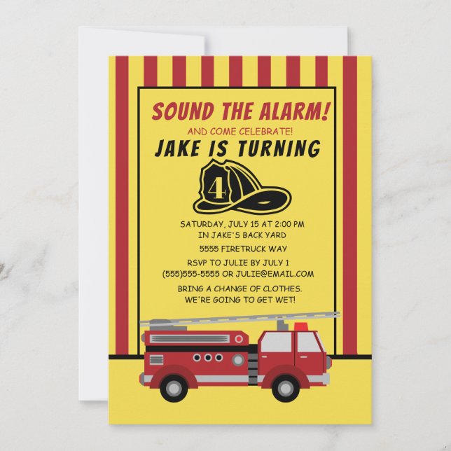 Invitation Camion rouge jaune rayures enfant anniversaire (Devant)