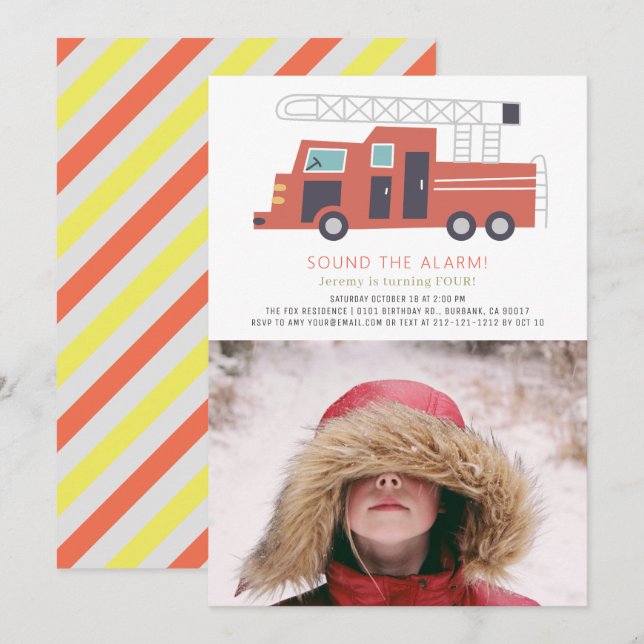 Invitation Camion rouge Pompier garçon Photo Anniversaire (Devant / Derrière)