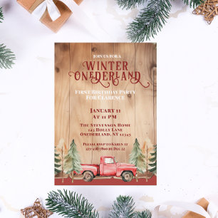 Invitation Camion Rouge Rustique Hiver Onederland Anniversair