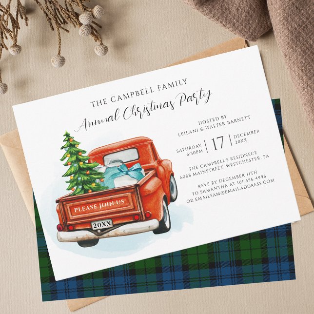 Invitation Camion rouge vintage Campbell Tartan de Noël (Plaid Campbell Military Christmas Party Invitation with Red Truck)