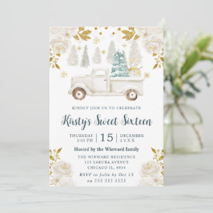 Invitation Camionnette Florale Blanc Hiver et Or Douce 16