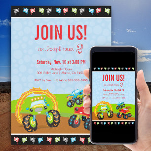 Invitation Camions Monster et drapeaux de course Fête d'anniv