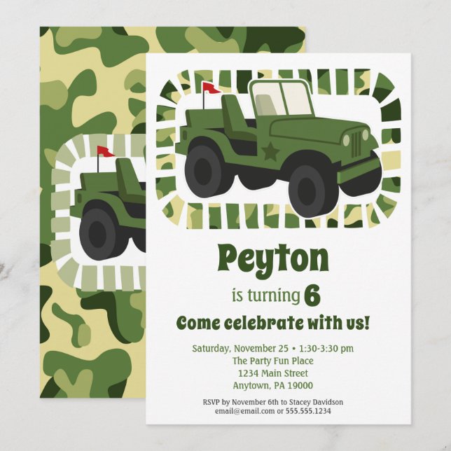 Invitation Camo Army Military Boys fête d'anniversaire (Devant / Derrière)