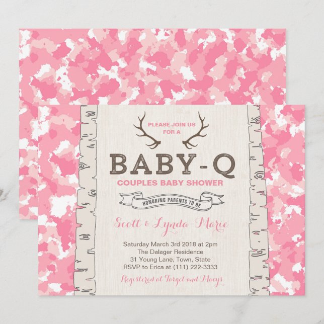 Invitation Camouflage rose Baby shower co-ed pour fille (Devant / Derrière)