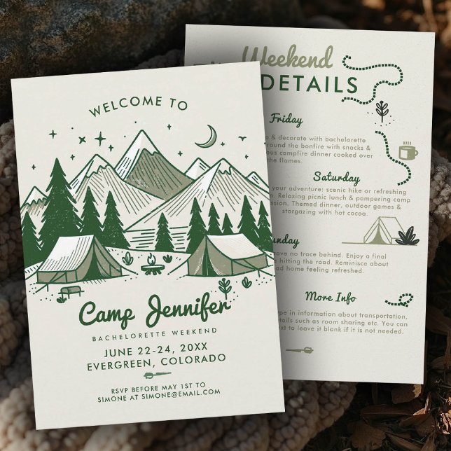 Invitation Camp Bach Camping Green 3 jours de Bachelorette Pa (camp bachelorette invitation itinerary green nature bach camping glamping 3-day weekend)