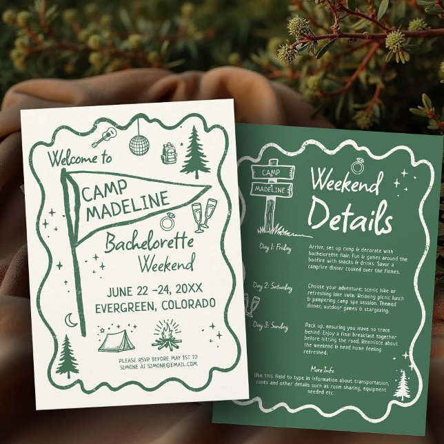 Invitation Camp Bachelorette Green Pennant Camping Itinéraire (camp bachelorette invitation itinerary camping hiking mountains bach glamping hand drawn pennant)