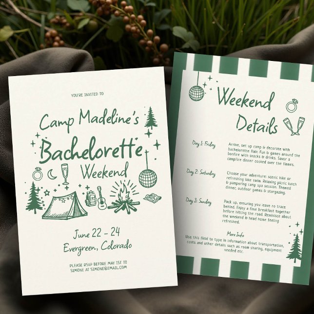 Invitation Camp Bachelorette Green Stripes Itinéraire de camp (camp bachelorette invitation itinerary camping hiking mountains bach glamping green hand drawn)