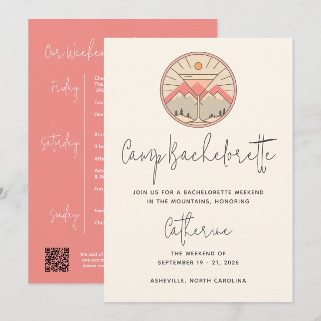 Invitation Camp Bachelorette Moderne Pink Script Week-end (Devant / Derrière)
