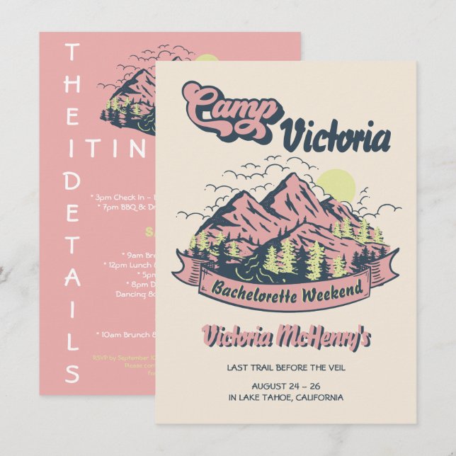 Invitation Camp Bachelorette Pink Mountain Girls Week-end (Devant / Derrière)