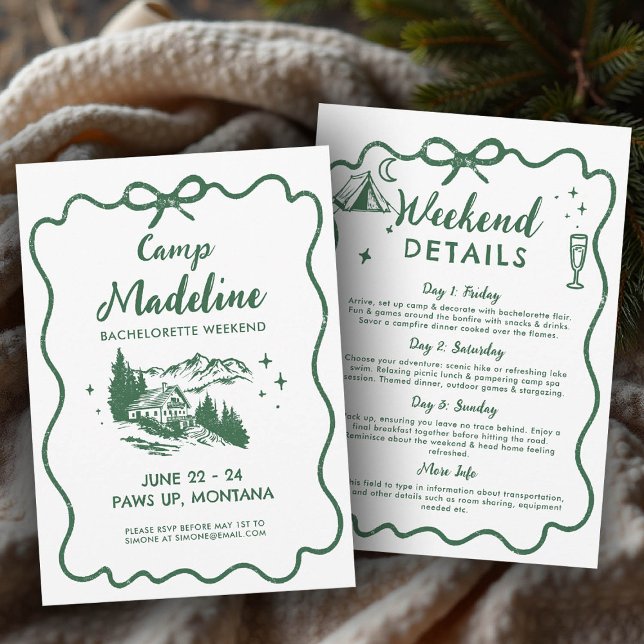 Invitation Camp Bachelorette Rustique Green Bow Itinéraire 3  (camp bachelorette invitation itinerary camping glamping hiking mountains nature bach)