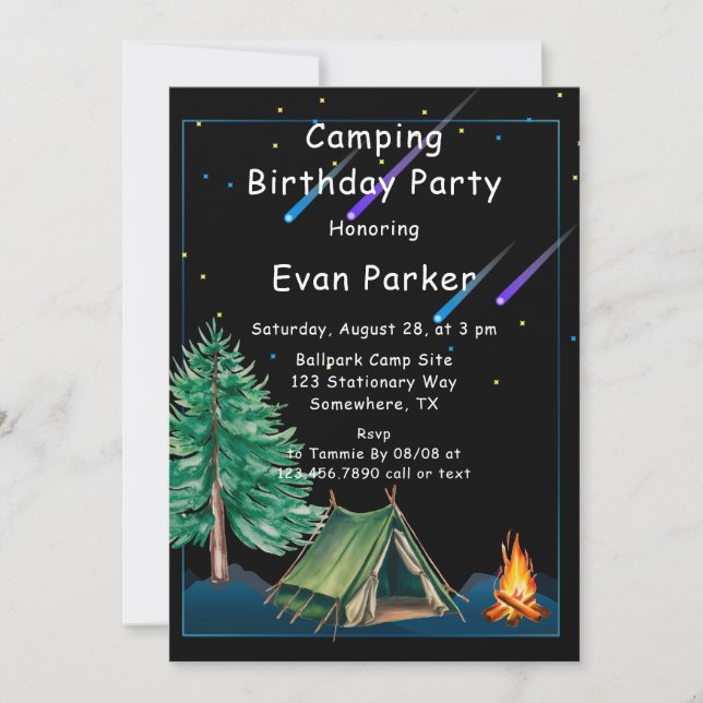 Invitation Camp branché Out Boy's Birthday Party (Devant)