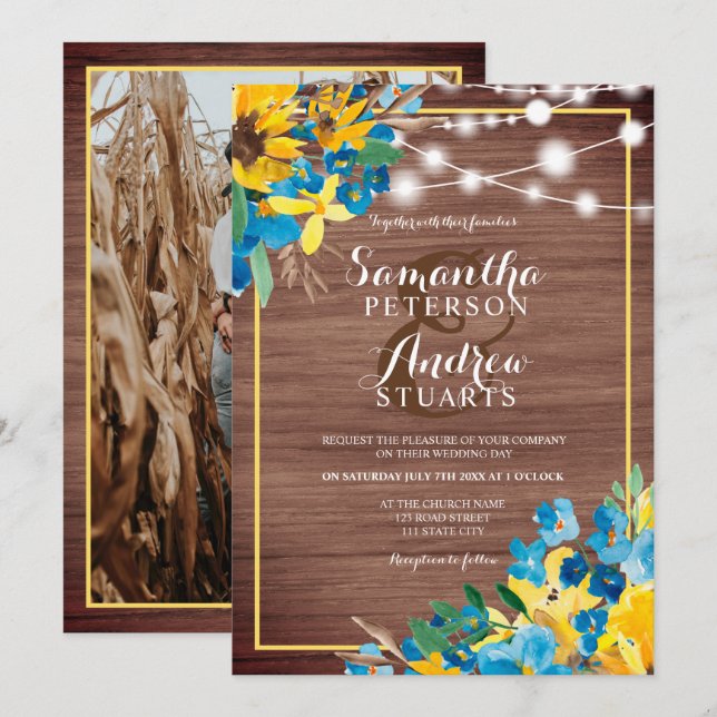 Invitation Campagne bois rustique lumières florales mariage p (Devant / Derrière)