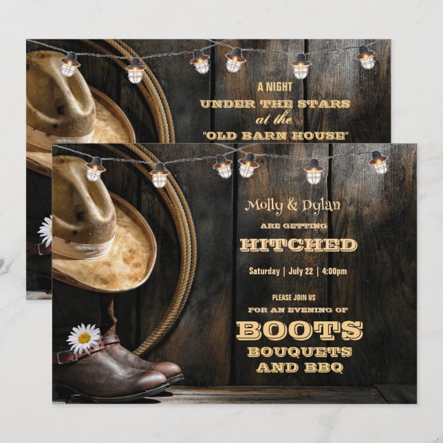 Invitation Campagne Boots Casquette & Grange Wood Wedding Inv (Devant / Derrière)