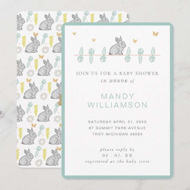 Invitation Campagne Lapin Lapin Baby shower de Pâques Invitat (Devant / Derrière)