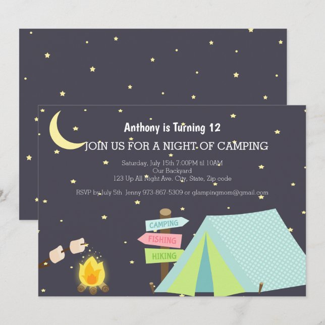 Invitation Camper avec la fête d'anniversaire de feu de camp (Devant / Derrière)