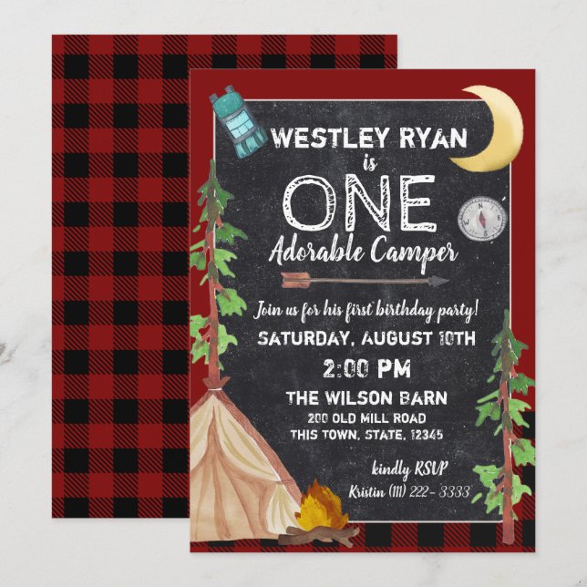 Invitation Camper Buffalo Plaid 1er Anniversaire Camping (Devant / Derrière)
