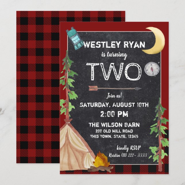 Invitation Camper Buffalo Plaid Anniversaire Camping (Devant / Derrière)
