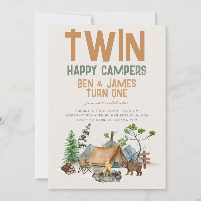Invitation Camper Joyeux Jumeau Aquarelle Bois 1er Anniversai (Devant)