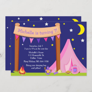 Invitation Camping Anniversaire Dormir rose et violet