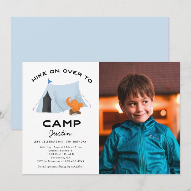 Invitation Camping Anniversaire Fête Bleue Tente Photo (Devant / Derrière)