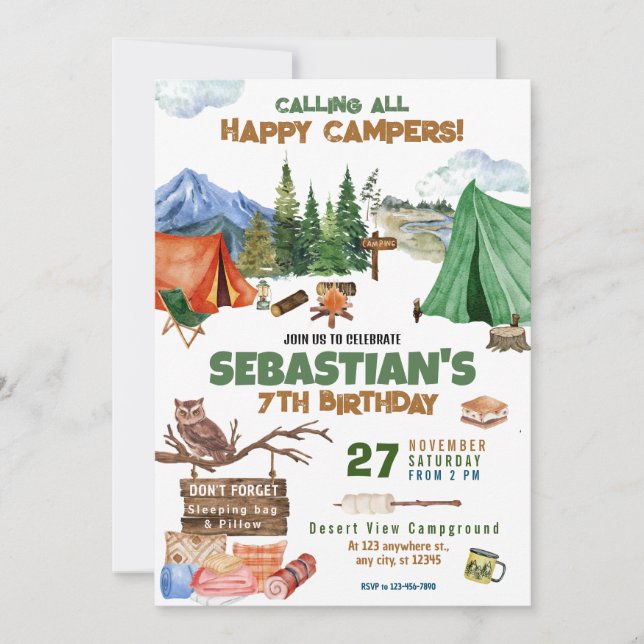 Invitation Camping Anniversaire Fête Enfants modernes (Devant)
