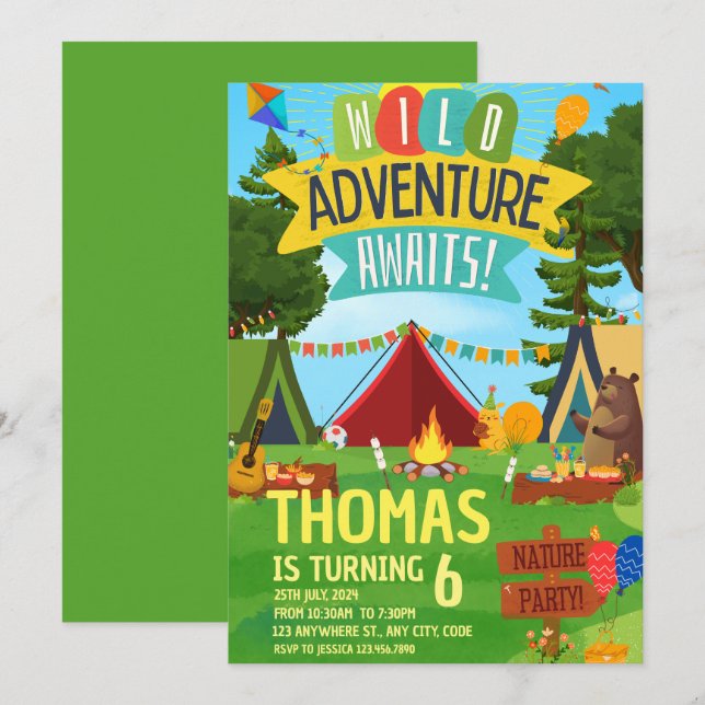 Invitation Camping Anniversaire Fête Enfants modernes Invitat (Devant / Derrière)