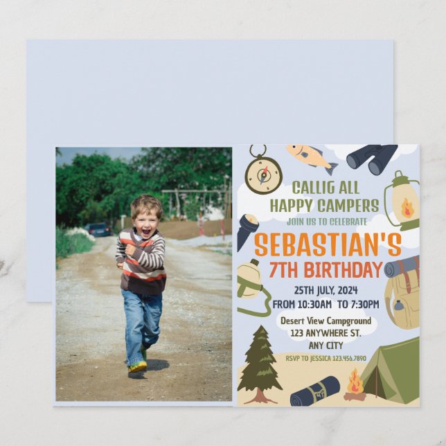 Invitation Camping Anniversaire Fête Enfants modernes Invitat (Devant / Derrière)