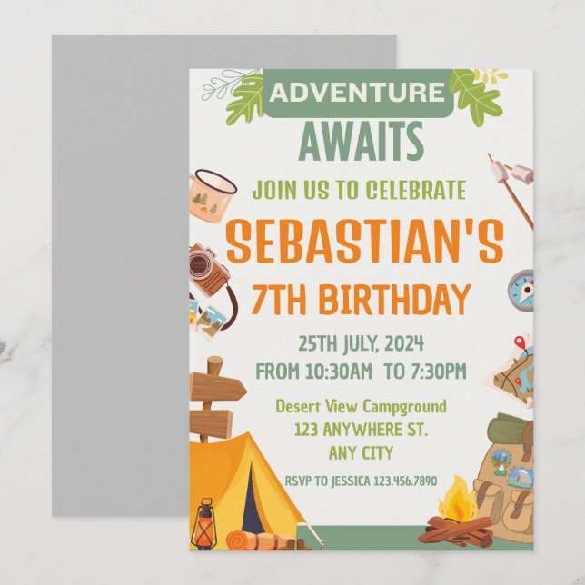 Invitation Camping Anniversaire Fête Enfants modernes Invitat (Devant / Derrière)