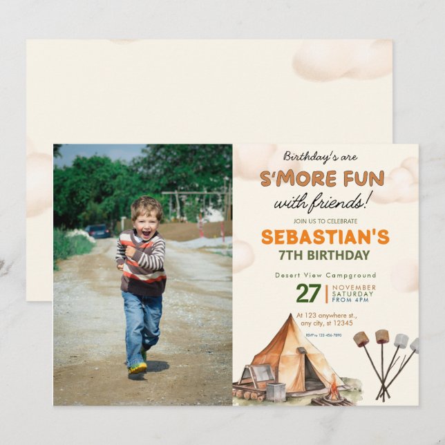 Invitation Camping Anniversaire Fête Enfants modernes Photo (Devant / Derrière)
