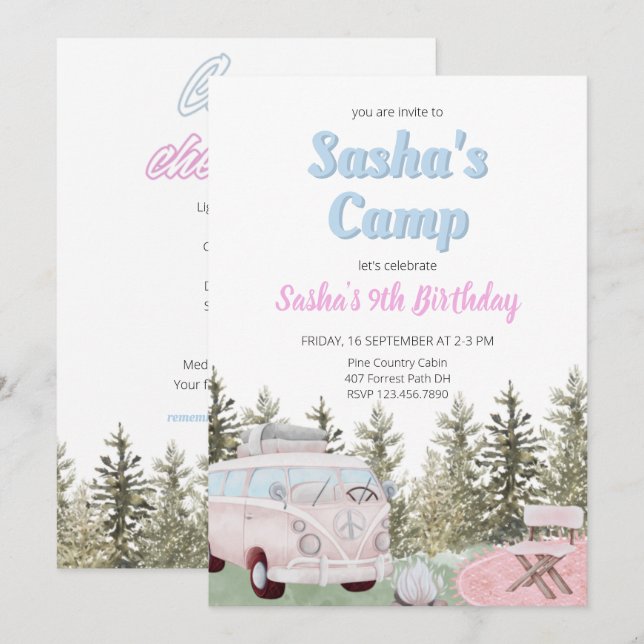 Invitation Camping Camping Fille forestière Anniversaire Invi (Devant / Derrière)