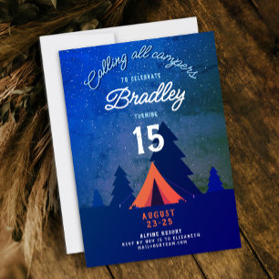 Invitation Camping Cool Blue Feu de camp Glamping 15ème Boisé
