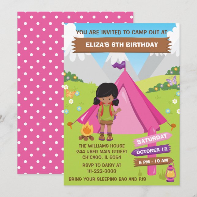 Invitation Camping Extérieur Anniversaire Africaine Américain (Devant / Derrière)