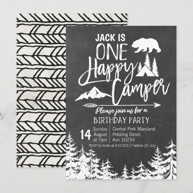 Invitation Camping Forêt de Chalkboard Camping Fête d'anniver (Devant / Derrière)